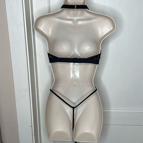 Dreamgirl Strappy Eyelash Lace Trim Faux Leather Bralette & Panties Set - Picture 5 of 7